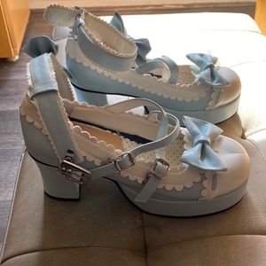 White and Blue Round Toe Bows Chunky Lolita Platform Shoes size 40